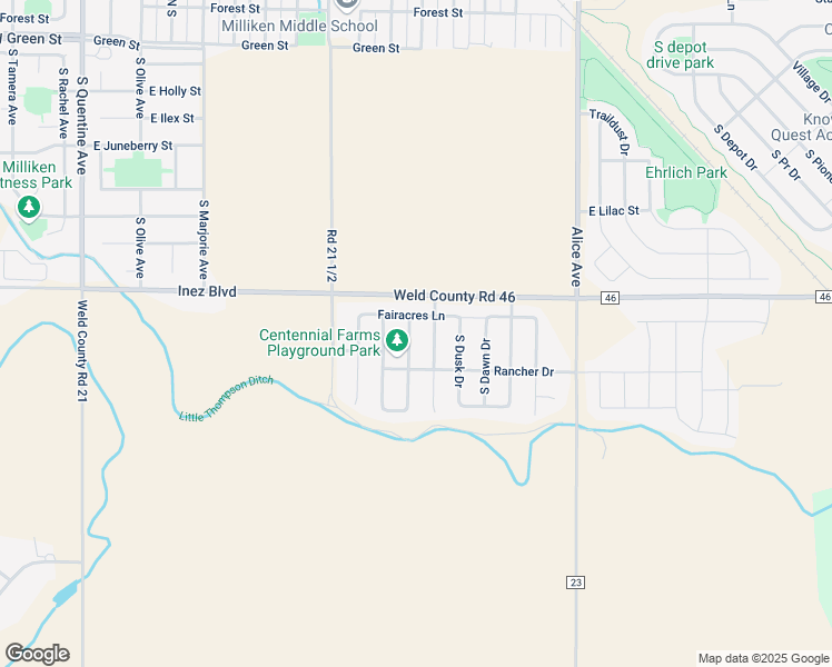 map of restaurants, bars, coffee shops, grocery stores, and more near 1324 South Growers Drive in Milliken