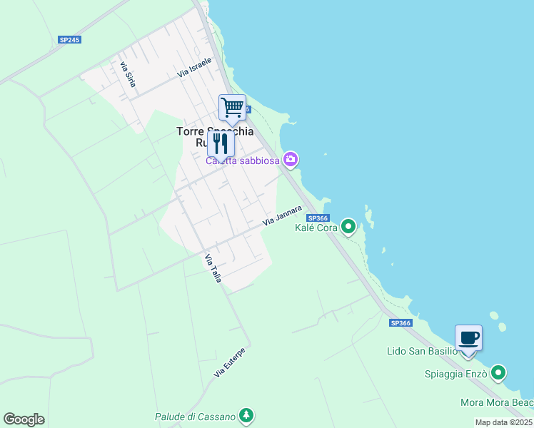map of restaurants, bars, coffee shops, grocery stores, and more near 5 Via Jannara in Torre Specchia Ruggeri