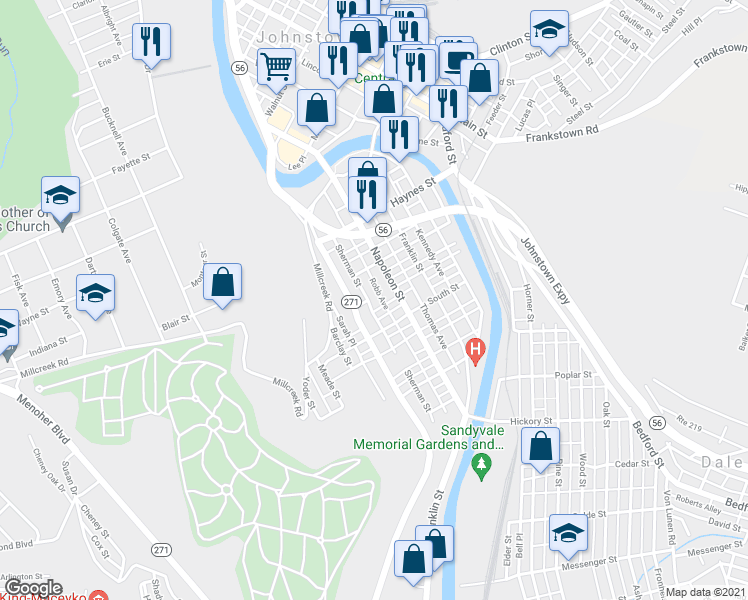 map of restaurants, bars, coffee shops, grocery stores, and more near 625 Sherman Street in Johnstown