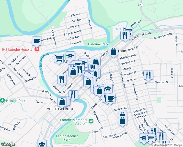 map of restaurants, bars, coffee shops, grocery stores, and more near 342 Depot Street in Latrobe