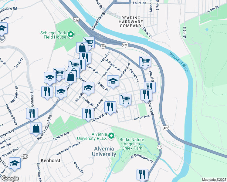 map of restaurants, bars, coffee shops, grocery stores, and more near 400 Summit Avenue in Reading