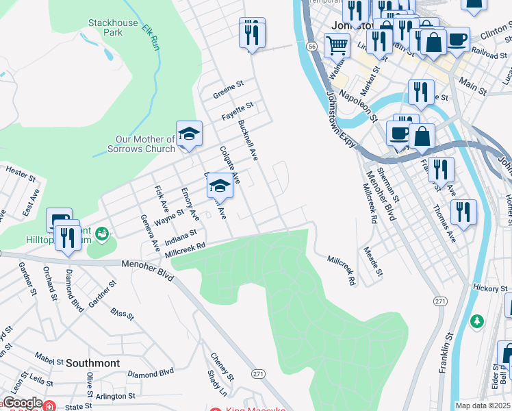 map of restaurants, bars, coffee shops, grocery stores, and more near 51-299 Colgate Ave in Johnstown