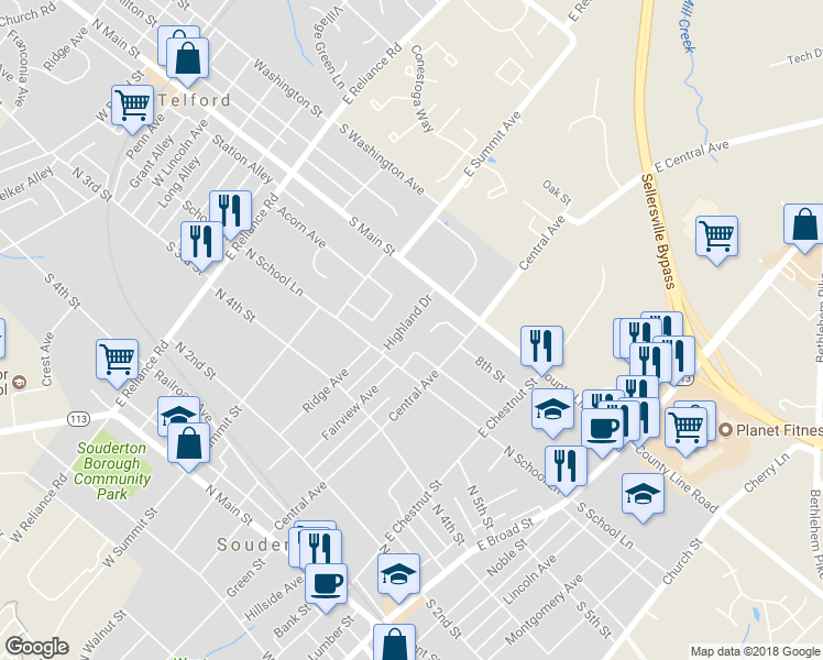 map of restaurants, bars, coffee shops, grocery stores, and more near 38 Highland Drive in Telford