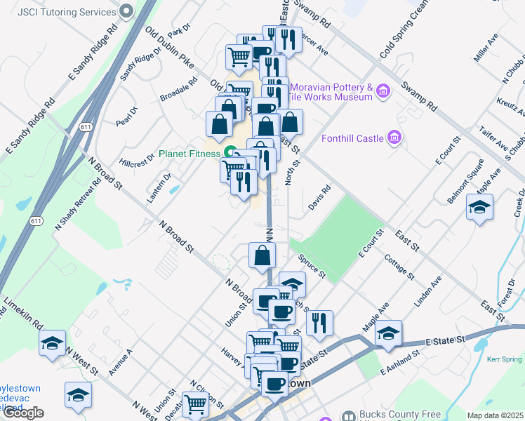 map of restaurants, bars, coffee shops, grocery stores, and more near 362 North Main Street in Doylestown