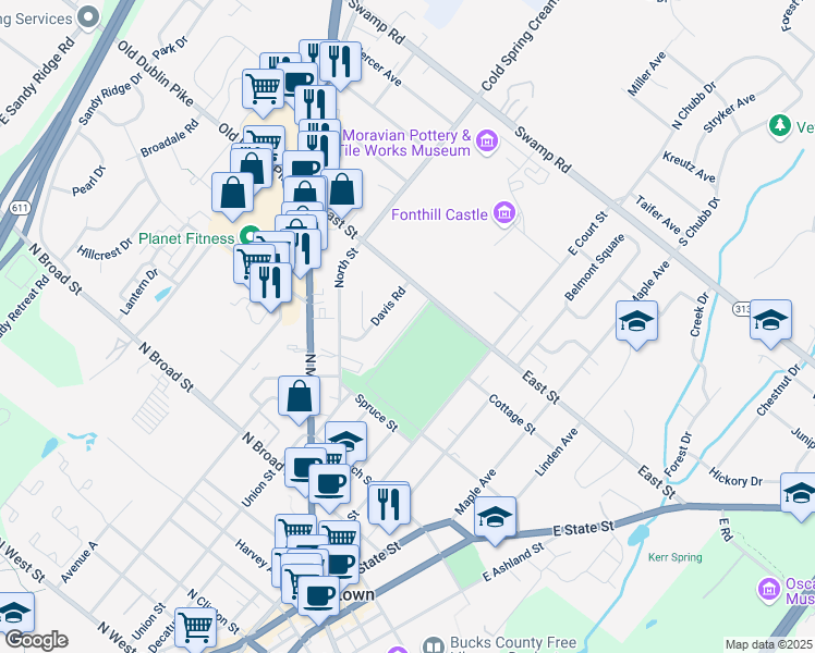 map of restaurants, bars, coffee shops, grocery stores, and more near 200 Lacey Avenue in Doylestown