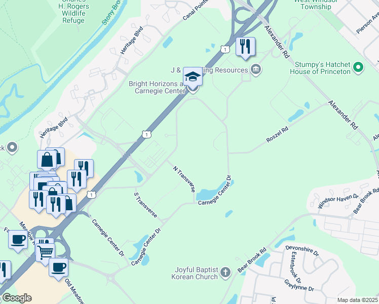 map of restaurants, bars, coffee shops, grocery stores, and more near 202 Carnegie Center Drive in Princeton