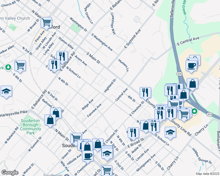map of restaurants, bars, coffee shops, grocery stores, and more near 38 Highland Drive in Telford