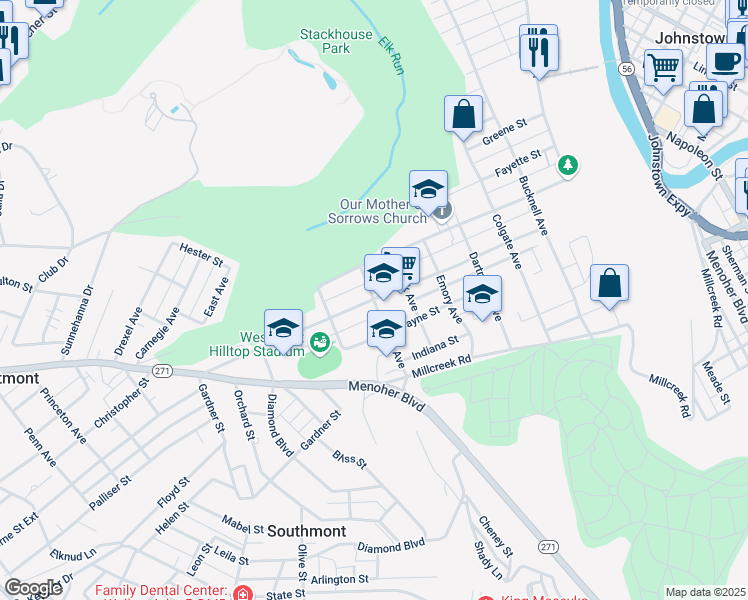 map of restaurants, bars, coffee shops, grocery stores, and more near 300 Geneva Avenue in Johnstown
