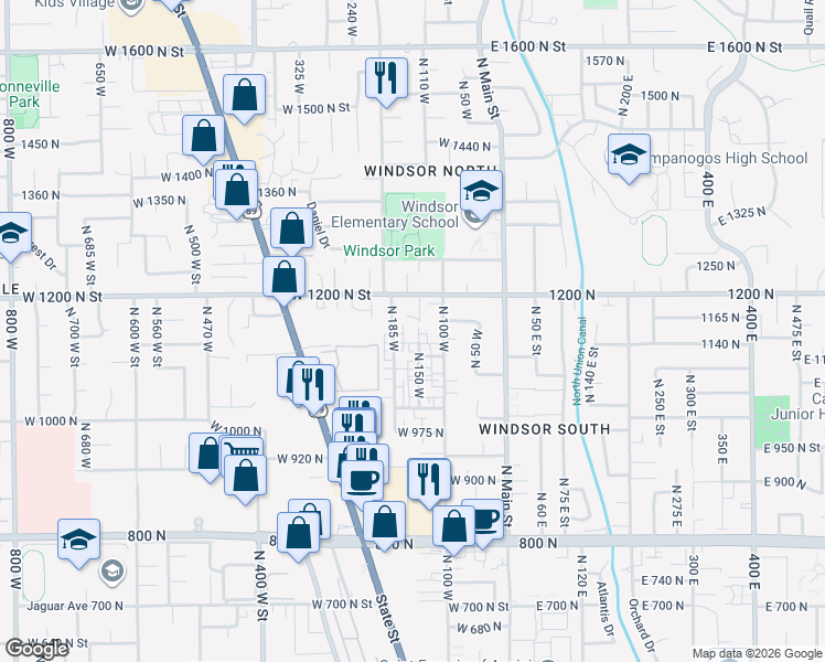 map of restaurants, bars, coffee shops, grocery stores, and more near 1111 North 150 West in Orem