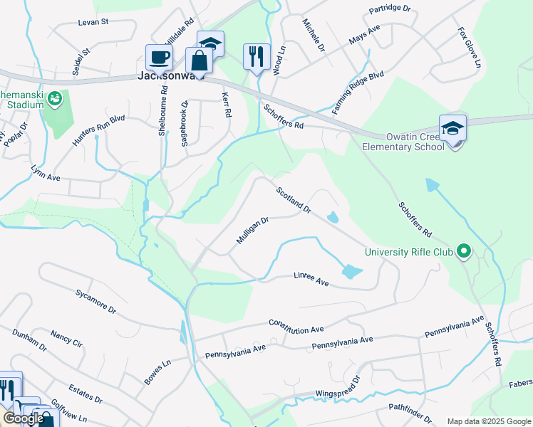 map of restaurants, bars, coffee shops, grocery stores, and more near 16 Mulligan Drive in Reading