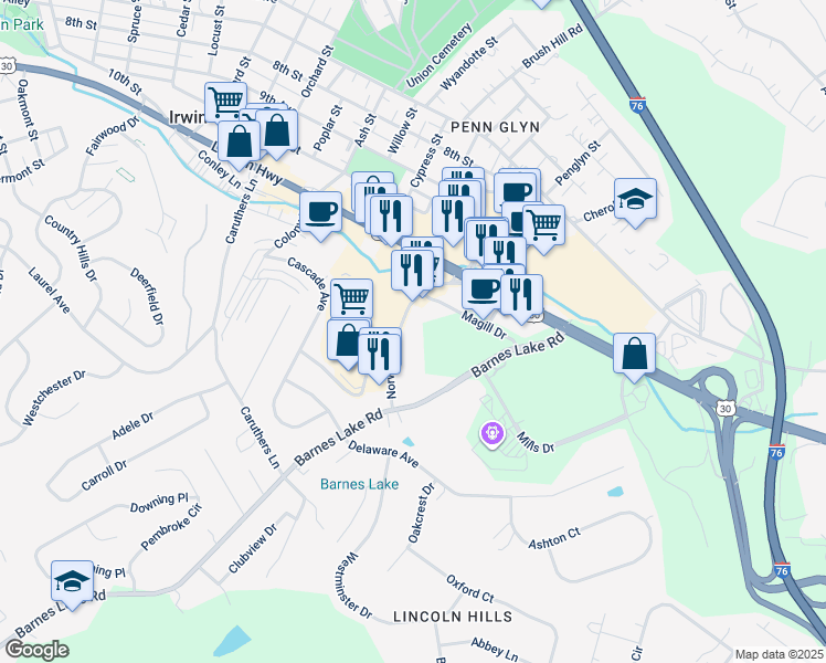 map of restaurants, bars, coffee shops, grocery stores, and more near 8730 Norwin Avenue in Irwin