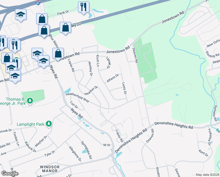 map of restaurants, bars, coffee shops, grocery stores, and more near 121 Koch Lane in Harrisburg