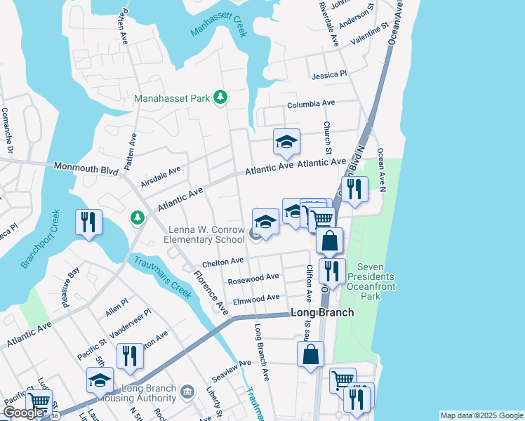 map of restaurants, bars, coffee shops, grocery stores, and more near 20 Calvert Avenue in Long Branch