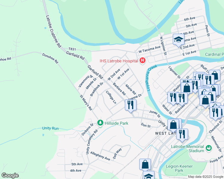 map of restaurants, bars, coffee shops, grocery stores, and more near 56 Barbara Road in Latrobe