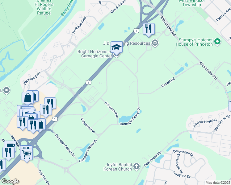 map of restaurants, bars, coffee shops, grocery stores, and more near 202 Carnegie Center Drive in Princeton