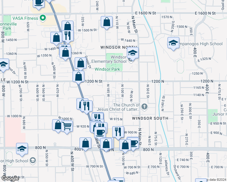 map of restaurants, bars, coffee shops, grocery stores, and more near 1111 North 150 West in Orem