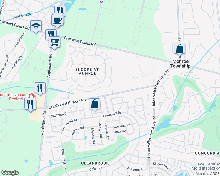 map of restaurants, bars, coffee shops, grocery stores, and more near 82 Crescent Way in Monroe Township