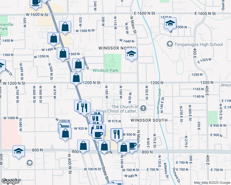 map of restaurants, bars, coffee shops, grocery stores, and more near 1112 North 150 West in Orem