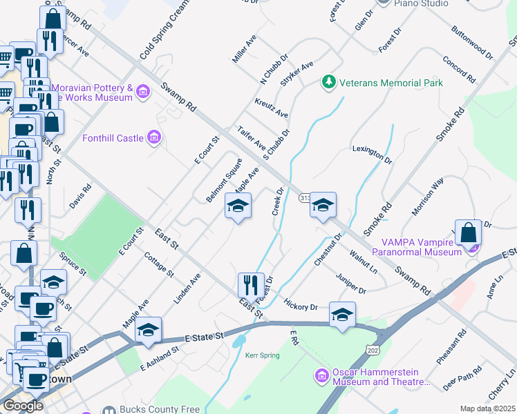 map of restaurants, bars, coffee shops, grocery stores, and more near 500 Linden Avenue in Doylestown