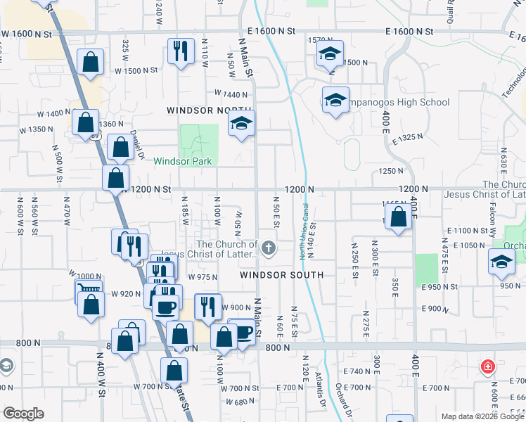 map of restaurants, bars, coffee shops, grocery stores, and more near 1145 North Main Street in Orem