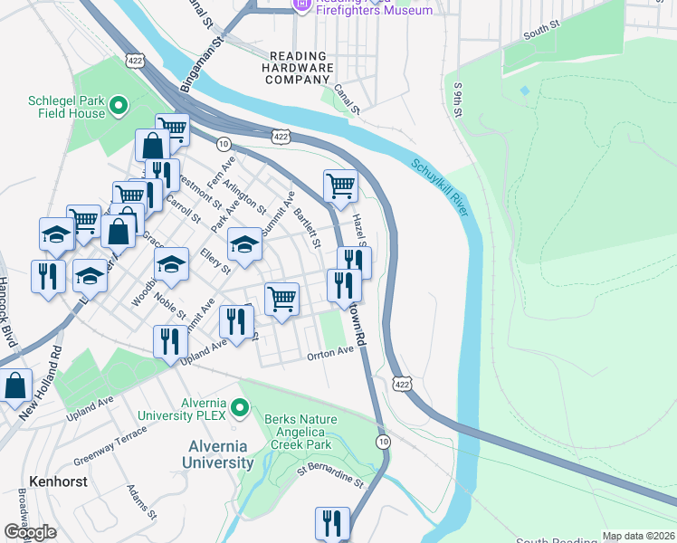 map of restaurants, bars, coffee shops, grocery stores, and more near 401 Morgantown Road in Reading