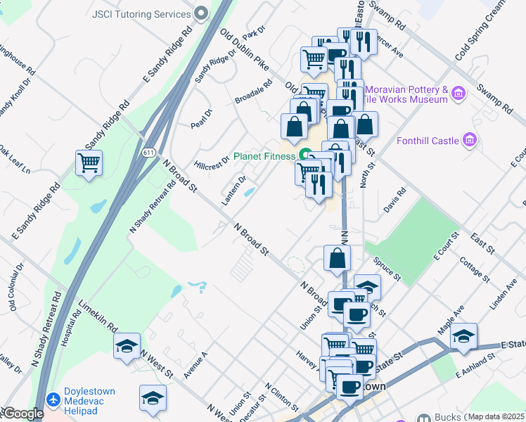 map of restaurants, bars, coffee shops, grocery stores, and more near 555 North Broad Street in Doylestown