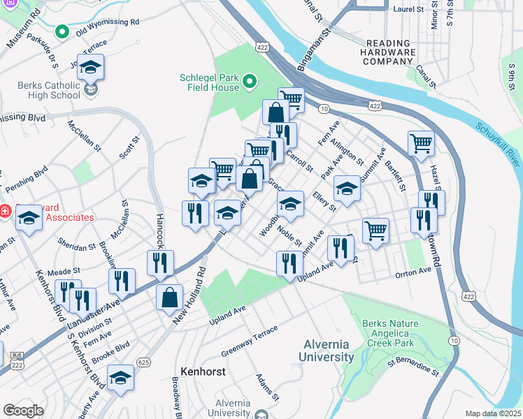 map of restaurants, bars, coffee shops, grocery stores, and more near 546 Hazel Alley in Reading