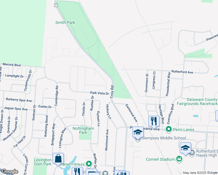 map of restaurants, bars, coffee shops, grocery stores, and more near 507 County Road 7 in Delaware