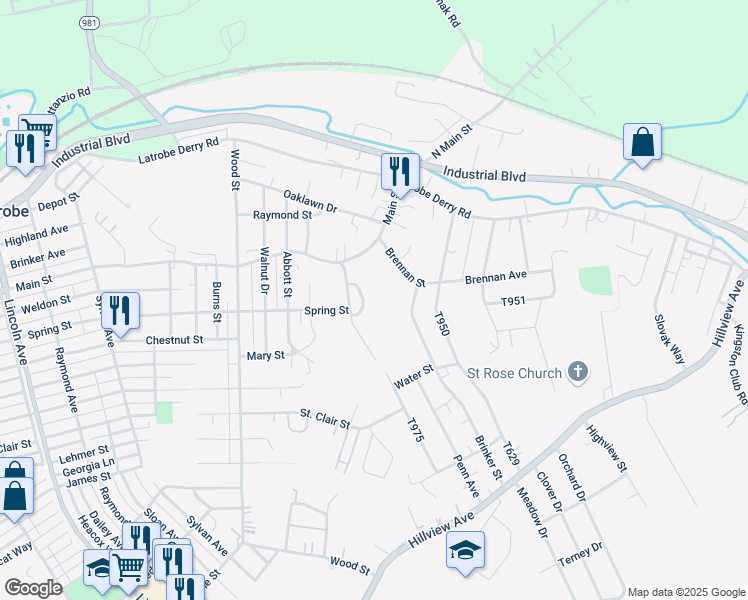 map of restaurants, bars, coffee shops, grocery stores, and more near 1500 Timothy Drive in Latrobe