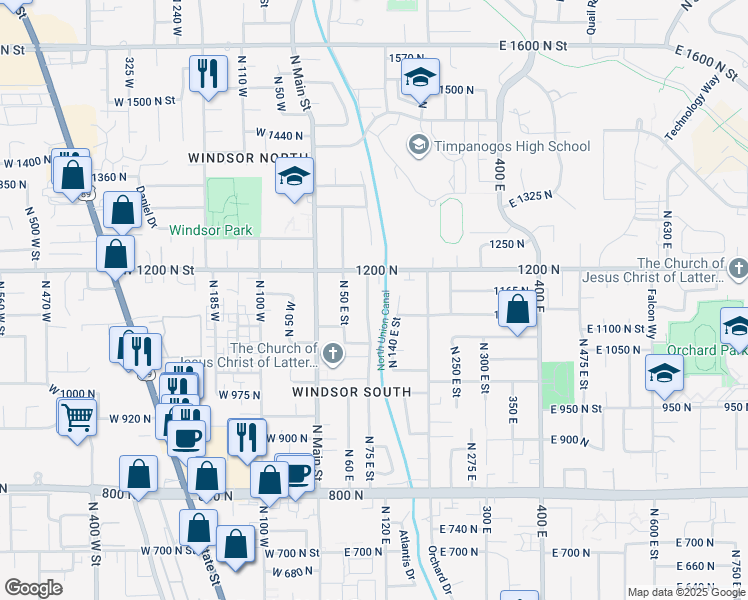map of restaurants, bars, coffee shops, grocery stores, and more near 1150 North 75 East in Orem