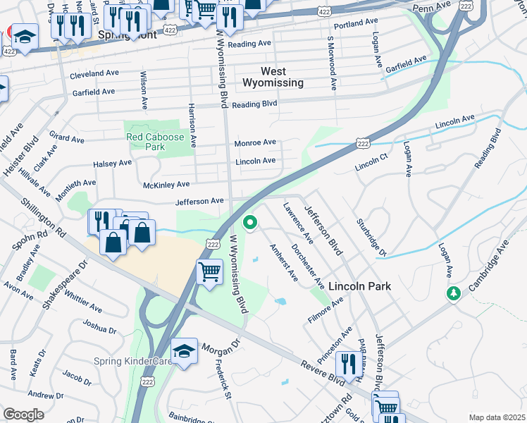 map of restaurants, bars, coffee shops, grocery stores, and more near 610 Dorchester Avenue in Reading