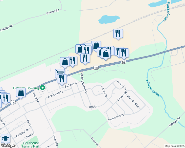 map of restaurants, bars, coffee shops, grocery stores, and more near 68 Shady Lane in Annville
