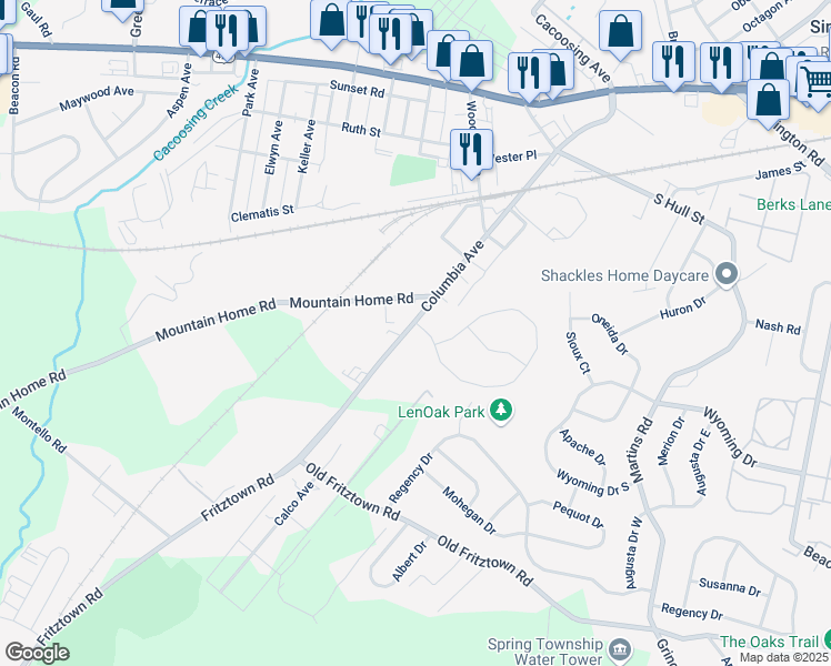 map of restaurants, bars, coffee shops, grocery stores, and more near 2 Michigan Drive in Sinking Spring