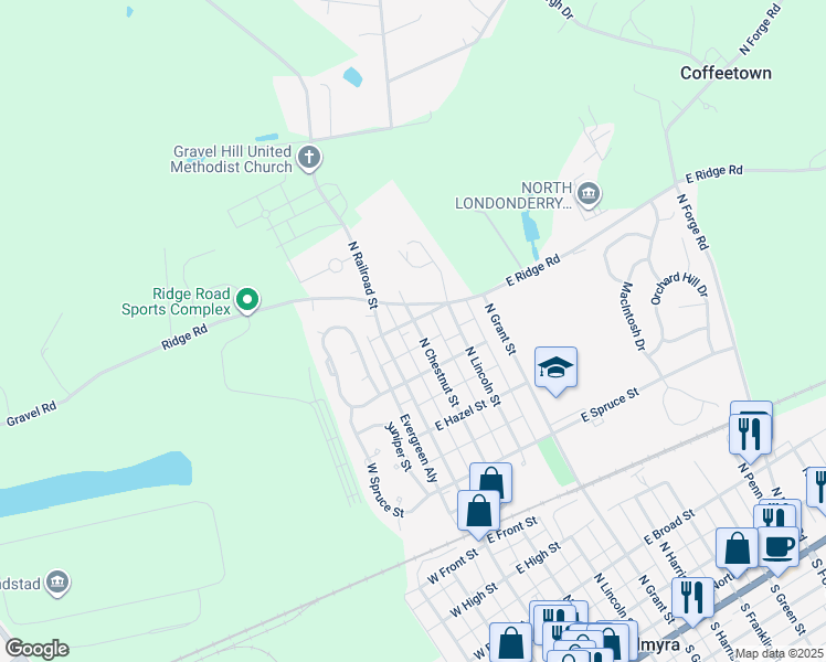 map of restaurants, bars, coffee shops, grocery stores, and more near 771 North Chestnut Street in Palmyra