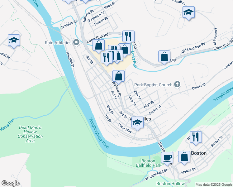map of restaurants, bars, coffee shops, grocery stores, and more near 4626 Walnut Street in McKeesport