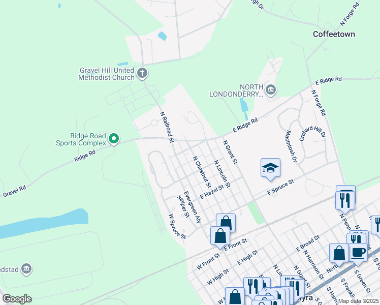 map of restaurants, bars, coffee shops, grocery stores, and more near 771 North Chestnut Street in Palmyra