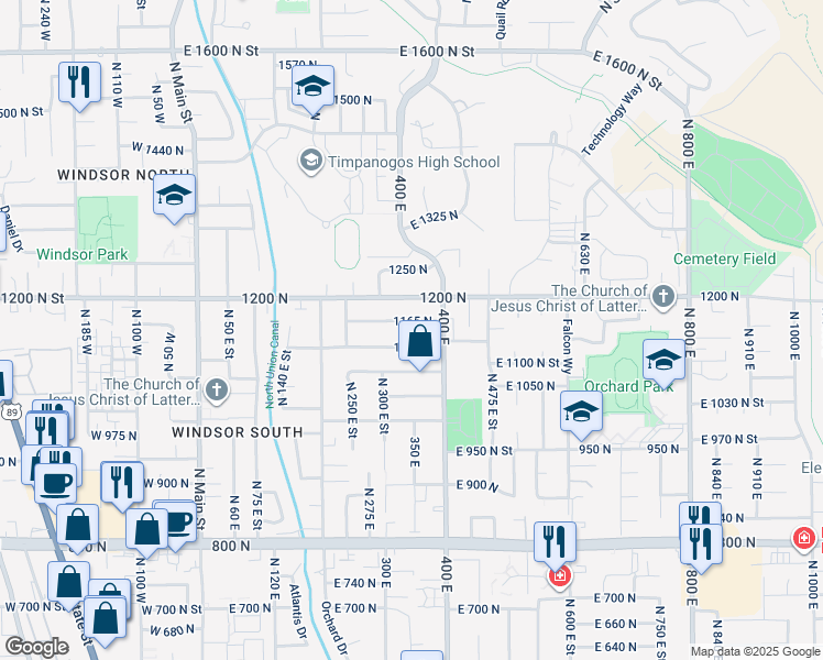 map of restaurants, bars, coffee shops, grocery stores, and more near 372 1165 North in Orem