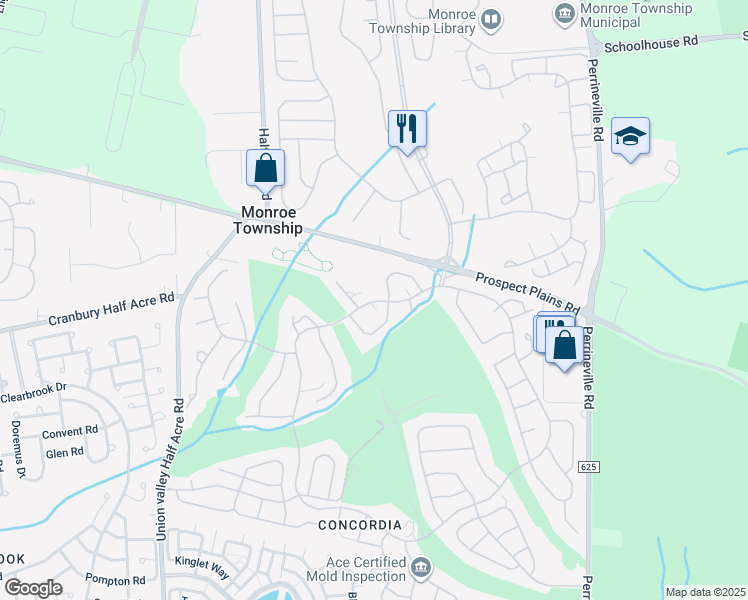map of restaurants, bars, coffee shops, grocery stores, and more near 2C Aaron Burr Court in Monroe Township