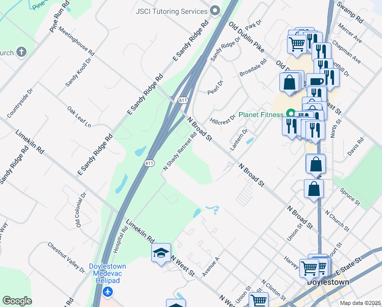 map of restaurants, bars, coffee shops, grocery stores, and more near 705 North Shady Retreat Road in New Britain