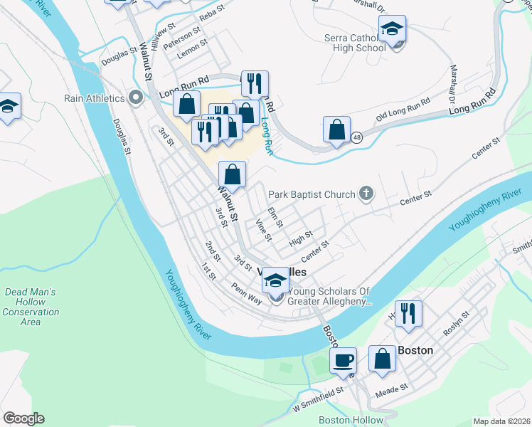 map of restaurants, bars, coffee shops, grocery stores, and more near 605 Bayne Street in McKeesport
