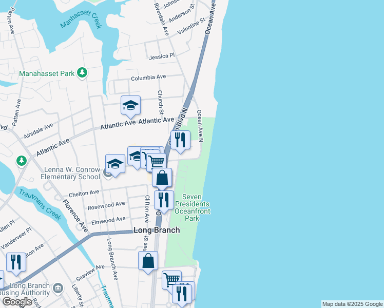 map of restaurants, bars, coffee shops, grocery stores, and more near 384 Ocean Avenue in Long Branch