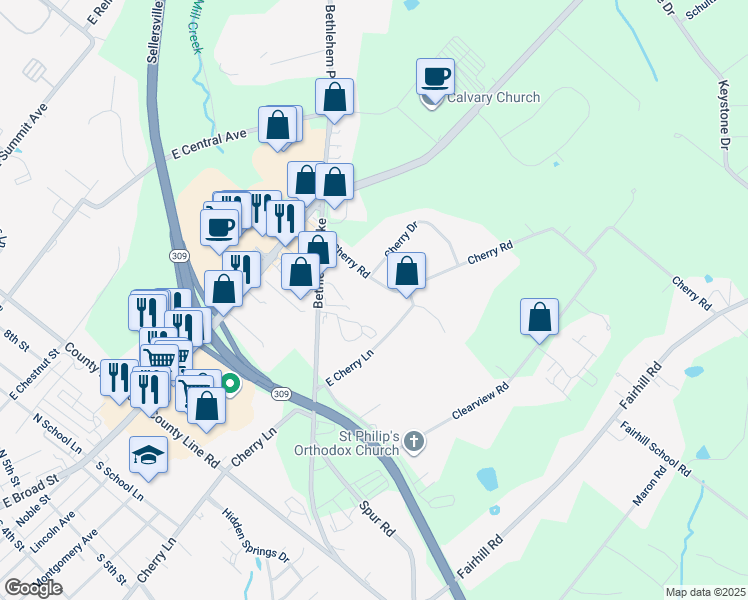 map of restaurants, bars, coffee shops, grocery stores, and more near 498 Cherry Road in Souderton