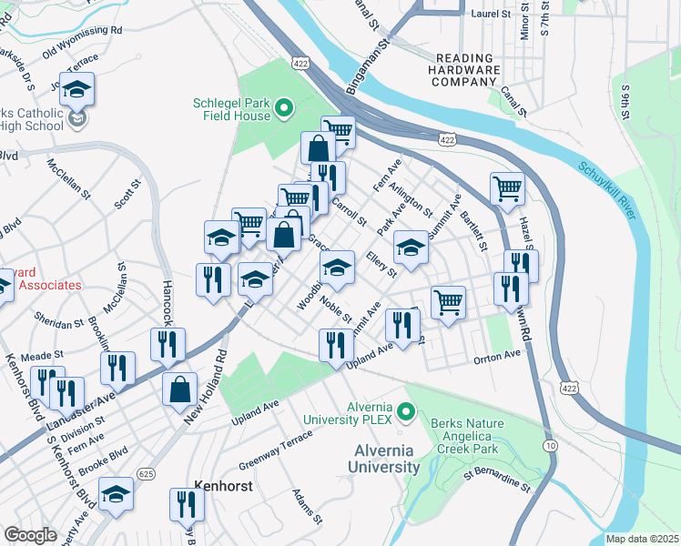map of restaurants, bars, coffee shops, grocery stores, and more near 511 Park Avenue in Reading