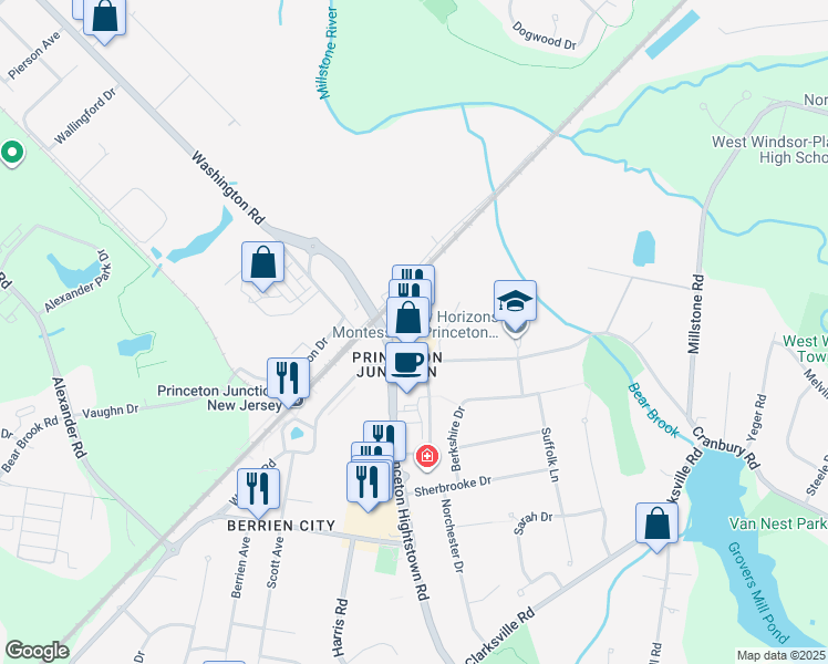 map of restaurants, bars, coffee shops, grocery stores, and more near 19 Cranbury Road in West Windsor Township