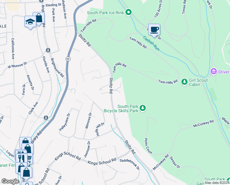 map of restaurants, bars, coffee shops, grocery stores, and more near 1381 Stoltz Road in Bethel Park