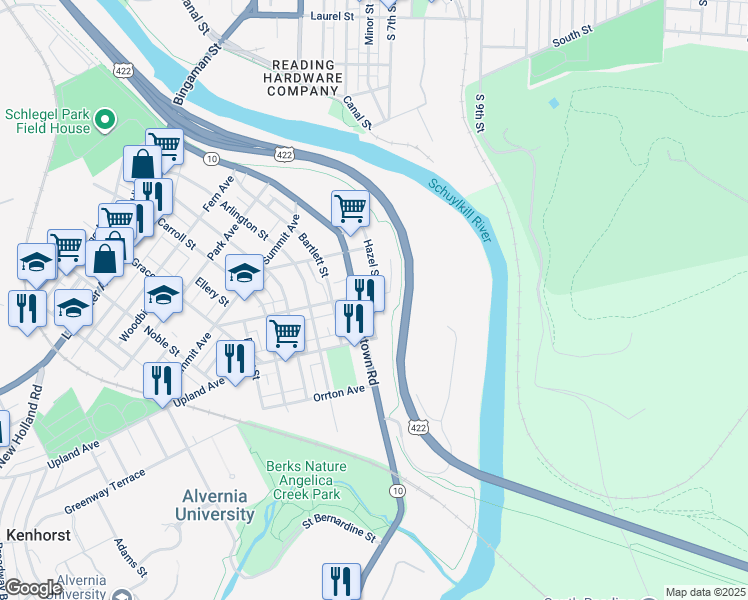 map of restaurants, bars, coffee shops, grocery stores, and more near 408 Hazel Street in Reading