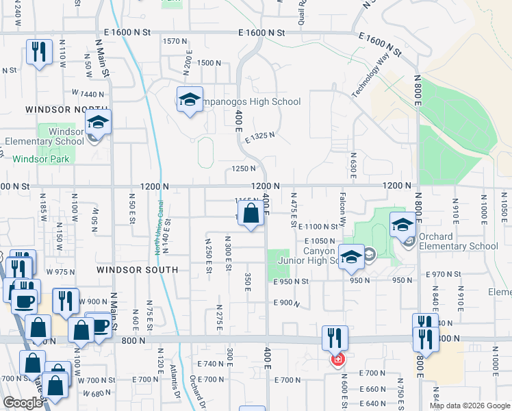 map of restaurants, bars, coffee shops, grocery stores, and more near 372 East 1165 North in Orem