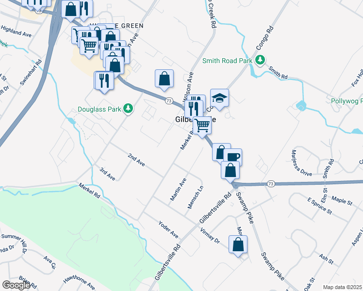 map of restaurants, bars, coffee shops, grocery stores, and more near 41 Merkel Road in Gilbertsville