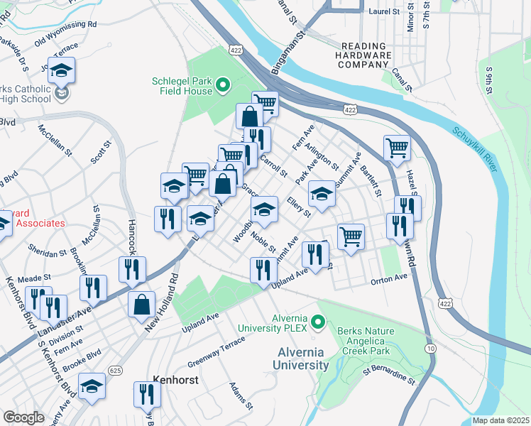 map of restaurants, bars, coffee shops, grocery stores, and more near 511 Park Avenue in Reading
