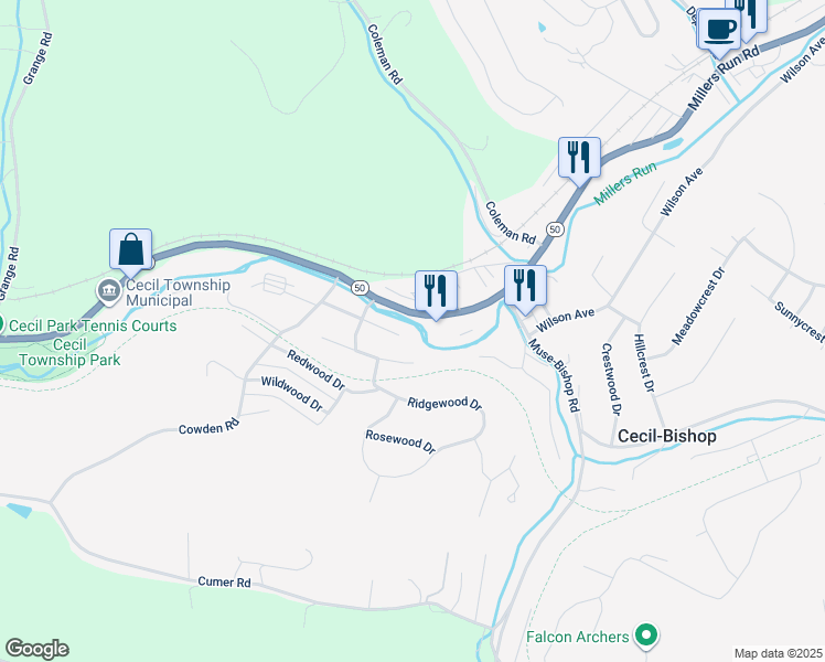map of restaurants, bars, coffee shops, grocery stores, and more near 119 William Street in McDonald